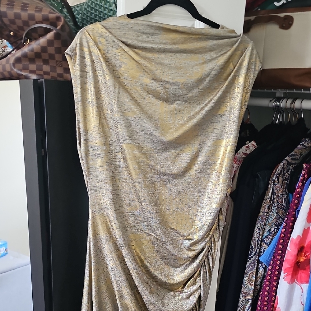 Anthropologie Gold Metallic Draped Dress
